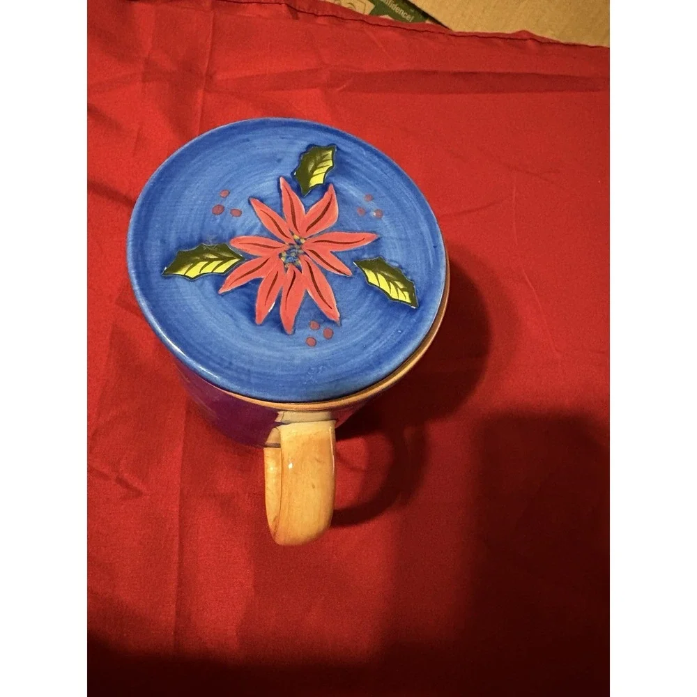 Barnes & Noble Poinsettia Tea Infuser Mug 3pc Set Cup Lid NWOB Christmas Blue